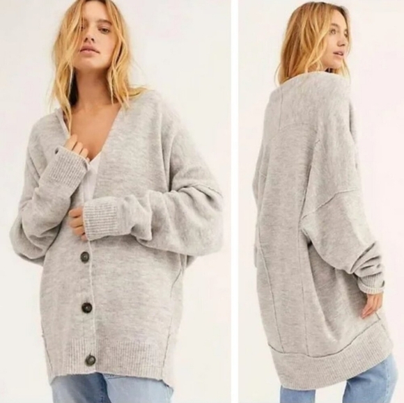 Free People Eucalyptus Cardigan Sweater Grey Wool Blend Oversized Cozy Shawl M - Picture 1 of 14